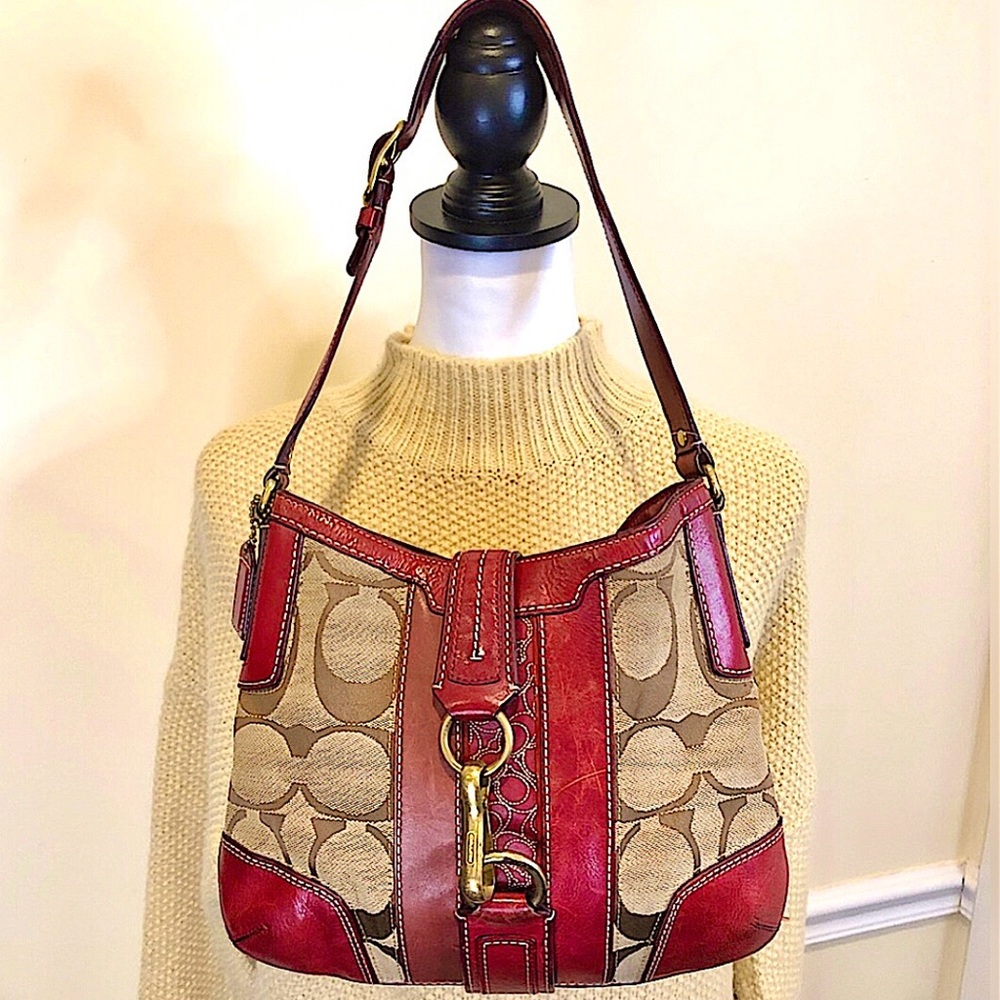 COACH Hampton Signature C Canvas Crimson Red Leather Embroidered Shoulder Bag - Picture 16 of 16